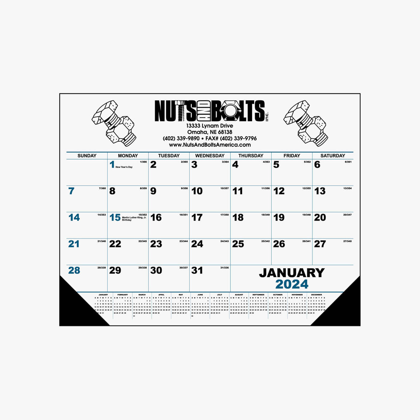 Black & Blue Desk Pad Calendar with Leatherette Corners HALO Branded